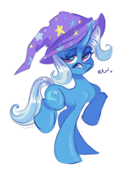 Size: 636x874 | Tagged: safe, artist:maximkoshe4ka, trixie, pony, unicorn, g4, clothes, disgusted, ew, female, hat, mare, open mouth, raised hoof, raised leg, simple background, solo, trixie's hat, white background