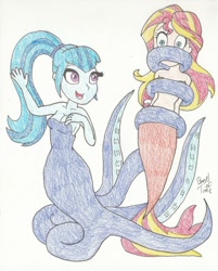 Size: 1128x1400 | Tagged: safe, artist:bageloftime, sonata dusk, sunset shimmer, cecaelia, mermaid, equestria girls, g4, bare shoulders, bondage, commissioner:arielfan90, duo, female, gag, mermaidized, open mouth, sleeveless, species swap, strapless, tentacle bondage, tentacle gag, tentacles, tied up, traditional art