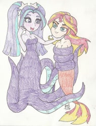 Size: 1065x1400 | Tagged: safe, artist:bageloftime, aria blaze, sunset shimmer, cecaelia, mermaid, equestria girls, g4, bare shoulders, bondage, breasts, cleavage, commission, commissioner:arielfan90, duo, female, mermaidized, open mouth, sleeveless, species swap, strapless, tentacle bondage, tentacles, tied up, traditional art