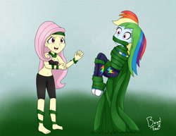 Size: 3300x2550 | Tagged: safe, artist:bageloftime, fluttershy, rainbow dash, equestria girls, g4, ponies of dark water, barefoot, bondage, commission, commissioner:annonmyous, converse, duo, equestria girls-ified, feet, female, gag, high res, midriff, plant bondage, poison ivyshy, shoes, tied up, vine, vine bondage, vine gag