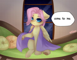 Size: 2534x1959 | Tagged: safe, artist:etter, fluttershy, pegasus, pony, g4, blanket, blanket invitation, bronybait, chest fluff, colored pupils, couch, cute, dialogue, ear fluff, female, floppy ears, fluffy, high res, indoors, inviting, looking at you, mare, partially open wings, raised hoof, room, shyabetes, sitting, solo, speech bubble, talking to viewer, unmoving plaid, watermark, window, wings