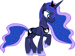 Size: 2821x2125 | Tagged: safe, artist:thebosscamacho, princess luna, alicorn, pony, g4, .svg available, crown, female, folded wings, full body, high res, hoof shoes, hooves, horn, jewelry, mare, raised hoof, regalia, simple background, smiling, solo, standing, tail, transparent background, vector, wings