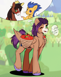 Size: 1810x2280 | Tagged: safe, artist:pledus, flash sentry, trouble shoes, oc, oc:fast hooves, clydesdale, earth pony, pegasus, pony, g4, apple, apple orchard, blushing, commissioner:bigonionbean, cowboy hat, dialogue, embarrassed, floating heart, food, fruit, fusion, fusion:flash sentry, fusion:trouble shoes, hat, heart, high res, male, one eye closed, orchard, stallion, thought bubble, unshorn fetlocks, wink, writer:bigonionbean