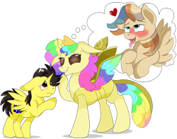 Size: 9200x7200 | Tagged: safe, artist:rainbowtashie, oc, oc:rainbow tashie, oc:spicy cider, oc:tommy the human, alicorn, changedling, changeling, earth pony, pegasus, pony, alicorn oc, australia, changedlingified, changeling oc, changelingified, child, colt, commissioner:bigonionbean, cute, daaaaaaaaaaaw, dialogue, duo, evil smile, female, foal, fusion:braeburn, fusion:wind waker, grin, horn, hug, male, nintendo, simple background, smiling, species swap, stallion, thought bubble, transparent background, wings, worried, yellow changeling