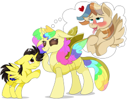 Size: 9200x7200 | Tagged: safe, artist:rainbowtashie, oc, oc:rainbow tashie, oc:spicy cider, oc:tommy the human, alicorn, changedling, changeling, earth pony, pegasus, pony, alicorn oc, australia, changedlingified, changeling oc, changelingified, child, colt, commissioner:bigonionbean, cute, daaaaaaaaaaaw, dialogue, duo, evil smile, female, foal, fusion, fusion:braeburn, fusion:wind waker, grin, horn, hug, male, nintendo, simple background, smiling, species swap, stallion, thought bubble, transparent background, wings, worried, yellow changeling