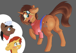 Size: 4720x3280 | Tagged: safe, artist:shaliwolf, full steam, promontory, sunburst, oc, oc:nova reactor, earth pony, pony, unicorn, g4, butt, clothes, commissioner:bigonionbean, flank, fusion, fusion:promontory, fusion:sunburst, glasses, goggles, hat, large butt, male, plot, stallion, thought bubble