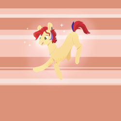 Size: 1800x1800 | Tagged: safe, artist:itslage, oc, oc only, earth pony, pony, colored pupils, ear piercing, eyelashes, female, happy, happy face, jewelry, jumping, lineless, mare, necklace, nyoom, open mouth, open smile, piercing, pink, smiling, solo, striped background, watermark