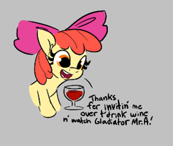 Size: 292x246 | Tagged: safe, artist:tjpones, apple bloom, earth pony, pony, g4, aggie.io, alcohol, bow, dialogue, female, filly, foal, glass, implied anon, open mouth, picture for breezies, simple background, talking, this will end in rape, wine, wine glass