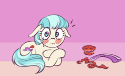 Size: 1442x873 | Tagged: safe, artist:gor1ck, coco pommel, earth pony, pony, g4, blush sticker, blushing, cocobetes, cute, embarrassed, embarrassed nude exposure, female, floppy ears, mare, missing accessory, nudity, solo, we don't normally wear clothes