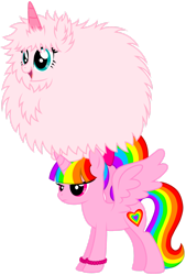 Size: 1280x1893 | Tagged: dead source, safe, artist:ra1nb0wk1tty, oc, oc only, oc:fluffle puff, oc:rainbow kitty, alicorn, earth pony, pony, pink fluffy unicorns dancing on rainbows, alicorn oc, duo, duo female, earth pony oc, fake horn, female, frown, hooves, horn, mare, multicolored hair, open mouth, open smile, rainbow hair, rainbow tail, show accurate, simple background, smiling, spread wings, standing, tail, transparent background, wings