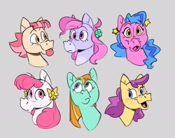 Size: 1917x1514 | Tagged: safe, artist:kyssimmee, bon bon (g1), bright eyes, clover (g1), melody, patch (g1), sweetheart, earth pony, pony, g1, my little pony tales, bow, bust, ear piercing, earring, female, freckles, gray background, hair bow, jewelry, looking at you, looking up, mare, open mouth, open smile, piercing, simple background, smiling, tongue out