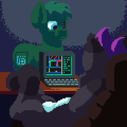 Size: 600x600 | Tagged: safe, artist:vohd, oc, oc:ex, pony, robot, unicorn, animated, computer, duskers, gif, lying down, on back, pixel art, programming, video game