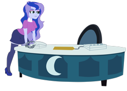 Size: 4936x3511 | Tagged: safe, artist:gmaplay, princess luna, vice principal luna, equestria girls, g4, desk, desktop, hand on hip, phone, seductive, seductive pose, simple background, solo, transparent background