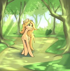 Size: 1268x1280 | Tagged: safe, artist:lilitepsilon, oc, oc only, oc:hayflower, earth pony, mouse, pony, bush, chest fluff, colored eyebrows, crepuscular rays, eyebrows, eyebrows visible through hair, forest, green eyes, looking sideways, pet, smiling, solo, sunshine, tail, tree, yellow mane, yellow tail