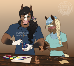Size: 2832x2550 | Tagged: safe, artist:askbubblelee, oc, oc only, oc:timber swirl, oc:walter nutt, earth pony, anthro, unguligrade anthro, anthro oc, beard, beret, blushing, braided ponytail, clothes, commission, craft, digital art, duo, earth pony oc, facial hair, figurine, gaming miniature, glasses, gradient background, hat, high res, hoers, implied gay, male, miniature, painting, sculpture, shirt, stallion, wood