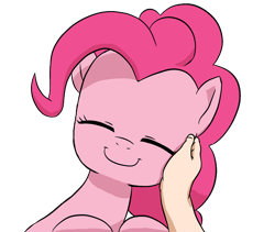 Size: 1460x1235 | Tagged: safe, artist:doublewbrothers, edit, pinkie pie, oc, oc:anon, earth pony, human, pony, g4, background removed, cute, diapinkes, eyes closed, fingers, hand, hnnng, human on pony petting, not a vector, petting, simple background, smiling, transparent background