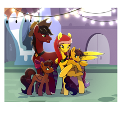 Size: 1822x1860 | Tagged: safe, artist:lilitepsilon, oc, oc only, oc:applecore, oc:gentle war, oc:rumble apple, oc:tumble apple, earth pony, pegasus, pony, amputee, bow, clothes, colt, eyeshadow, family, female, filly, foal, gem, green eyes, hair bow, hat, holding a pony, jewelry, lights, makeup, male, mare, necklace, oc x oc, offspring, parents:oc x oc, photo, prosthetic leg, prosthetic limb, prosthetics, scarf, shipping, smiling, stallion, straight, street, tongue out