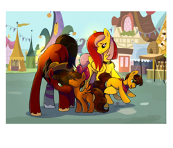 Size: 1934x1650 | Tagged: safe, artist:lilitepsilon, oc, oc only, oc:applecore, oc:gentle war, oc:rumble apple, oc:tumble apple, earth pony, pegasus, pony, amputee, bow, clothes, colt, eyeshadow, family, female, filly, foal, gem, green eyes, hair bow, hat, holding a pony, jewelry, makeup, male, mare, market, necklace, oc x oc, offspring, parents:oc x oc, photo, prosthetic leg, prosthetic limb, prosthetics, scarf, shipping, smiling, stallion, straight