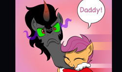 Size: 1294x768 | Tagged: safe, artist:doublewbrothers, edit, king sombra, scootaloo, pony, unicorn, g4, colored horn, cropped, curved horn, cute, cutealoo, duo, eyes closed, father and child, father and daughter, female, filly, foal, horn, looking at you, male, old art, sombra eyes, sombra horn, speech bubble