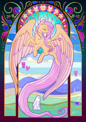 Size: 600x849 | Tagged: safe, artist:cold-creature, angel bunny, fluttershy, butterfly, pegasus, pony, g4, chest fluff, colored pinnae, cup, eyes closed, female, flower, flying, impossibly large wings, impossibly long tail, large wings, looking at someone, looking up, mare, scenery, solo, stained glass, tail, teacup, wing fluff, wings