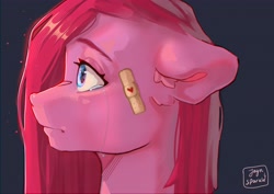 Size: 4096x2896 | Tagged: safe, artist:jaynsparkle, pinkie pie, earth pony, pony, g4, bandaid, crying, ear fluff, eyebrows, eyelashes, female, floppy ears, mare, pinkamena diane pie, simple background, solo