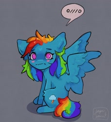 Size: 2921x3202 | Tagged: safe, artist:jaynsparkle, rainbow dash, pegasus, pony, g4, blushing, colored pupils, cute, eyebrows, eyelashes, feathered wings, female, gray background, high res, looking at you, mare, simple background, sitting, solo, speech bubble, spread wings, wings