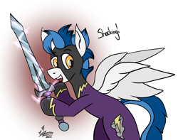 Size: 1254x988 | Tagged: safe, artist:whirlwindflux, oc, oc only, oc:whirlwind flux, pegasus, pony, male, shadowbolts, solo, stallion, sword, weapon
