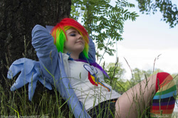 Size: 960x639 | Tagged: safe, artist:shadeila, rainbow dash, human, g4, 2015, clothes, cosplay, costume, cutie mark on clothes, irl, irl human, multicolored hair, photo, rainbow hair, rainbow socks, socks, solo, striped socks