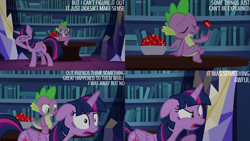 Size: 1280x720 | Tagged: safe, edit, edited screencap, editor:quoterific, screencap, spike, twilight sparkle, alicorn, dragon, pony, g4, season 5, what about discord?, duo, eyes closed, female, gem, library, male, mare, misspelling, open mouth, shrunken pupils, smiling, text, twilight sparkle (alicorn), twilight's castle, twilight's castle library