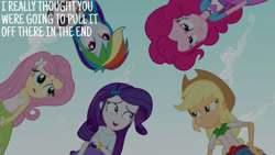 Size: 1280x720 | Tagged: safe, edit, edited screencap, editor:quoterific, screencap, applejack, fluttershy, pinkie pie, rainbow dash, rarity, equestria girls, g4, my little pony equestria girls, applejack's hat, belt, clothes, cowboy hat, cutie mark on clothes, denim skirt, female, football, hairpin, hat, humane five, open mouth, open smile, skirt, smiling, sports, text