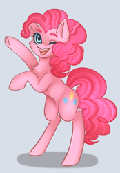 Size: 1640x2360 | Tagged: safe, artist:kurochhi, pinkie pie, earth pony, pony, g4, gray background, one eye closed, rearing, simple background, solo, wink