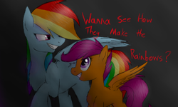 Size: 854x512 | Tagged: safe, artist:imaginary, rainbow dash, scootaloo, pegasus, pony, fanfic:rainbow factory, g4, fanfic art