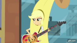 Size: 640x360 | Tagged: safe, screencap, applejack, a case for the bass, equestria girls, g4, my little pony equestria girls: rainbow rocks, animated, applejack's hat, bananajack, bass guitar, cowboy hat, eyes closed, facepalm, female, gif, gifs.com, hat, musical instrument, solo