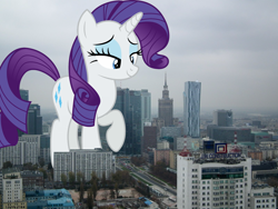 Size: 1600x1200 | Tagged: safe, artist:dashiesparkle, artist:thegiantponyfan, rarity, pony, unicorn, g4, eyeshadow, female, giant pony, giant unicorn, giantess, highrise ponies, irl, looking down, macro, makeup, mare, mega giant, mega rarity, photo, poland, ponies in real life, raised hoof, story included, the palace of culture and science, warsaw