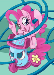 Size: 2408x3368 | Tagged: safe, artist:noupu, pinkie pie, earth pony, pony, g4, female, high res, mare, open mouth, open smile, party vacuum cleaner, riding, smiling, solo, vacuum cleaner