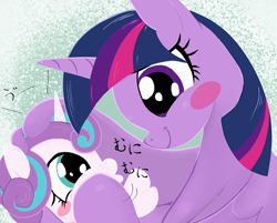 Size: 932x750 | Tagged: safe, artist:noupu, princess flurry heart, twilight sparkle, alicorn, pony, g4, aunt and niece, auntie twilight, baby, baby pony, blush sticker, blushing, caress, cheek squish, cute, duo, duo female, female, flurrybetes, head pat, looking at each other, looking at someone, mare, pat, smiling, squishy cheeks, twiabetes, twilight is bae, twilight sparkle (alicorn)