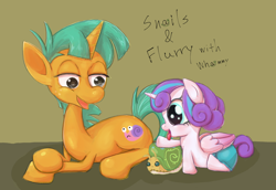 Size: 2744x1885 | Tagged: safe, artist:noupu, princess flurry heart, snails, whammy, alicorn, pony, unicorn, g4, baby, baby pony, crossed hooves, duo, female, lidded eyes, lying down, male, open mouth, open smile, plushie, prone, smiling, tongue out
