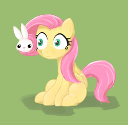Size: 2000x1952 | Tagged: safe, artist:noupu, angel bunny, fluttershy, pegasus, pony, rabbit, g4, animal, duo, female, folded wings, green background, male, mare, prehensile mane, simple background, sitting, wide eyes, wings