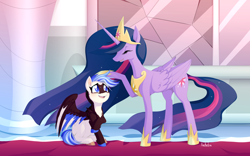 Size: 4368x2727 | Tagged: safe, artist:xackadzu, twilight sparkle, oc, alicorn, pegasus, pony, g4, the last problem, duo, height difference, hoof on head, hoof shoes, jewelry, long mane, long tail, older, older twilight, older twilight sparkle (alicorn), pegasus oc, physique difference, princess shoes, princess twilight 2.0, regalia, slender, smiling, tail, tall, thin, twilight sparkle (alicorn)