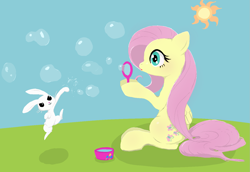 Size: 1457x1000 | Tagged: safe, artist:noupu, angel bunny, fluttershy, pegasus, pony, rabbit, g4, animal, blowing bubbles, bubble, bubble wand, duo, female, jumping, male, mare, punch, sitting, smiling, sun