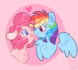 Size: 823x739 | Tagged: safe, artist:nullkunst, pinkie pie, rainbow dash, earth pony, pegasus, pony, g4, bust, female, floating heart, heart, lesbian, pink background, ship:pinkiedash, shipping, simple background