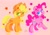 Size: 2048x1452 | Tagged: safe, artist:swirlseypop, part of a set, applejack, pinkie pie, earth pony, pony, g4, chest fluff, duo, female, happy, lidded eyes, lineless, mare, no pupils, orange background, simple background, stars