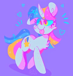 Size: 1986x2048 | Tagged: safe, artist:swirlseypop, oc, oc only, pony, unicorn, :p, cheek fluff, chest fluff, emanata, eyestrain warning, freckles, multicolored hair, purple background, simple background, solo, tongue out