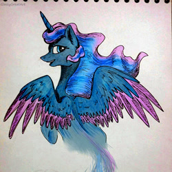 Size: 1172x1172 | Tagged: safe, artist:glassygreatart, princess luna, alicorn, pony, g4, horn, smiling, solo, spread wings, traditional art, wings