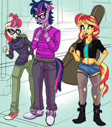 Size: 1134x1304 | Tagged: safe, artist:urhangrzerg, moondancer, sunset shimmer, twilight sparkle, unicorn, anthro, plantigrade anthro, g4, backpack, belly button, bimbo shimmer, boots, clothes, denim shorts, dusk shine, ear piercing, glasses, guitar case, jacket, leather jacket, male, nose piercing, pants, piercing, rule 63, shoes, shorts, slutset shimmer, stockings, sweater, tank top, thigh highs