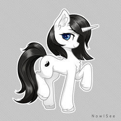 Size: 2500x2500 | Tagged: safe, artist:inowiseei, oc, oc only, oc:clio blackmane, pony, unicorn, chest fluff, ear fluff, high res, one leg raised, simple background, solo, yin-yang