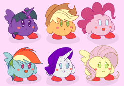 Size: 1093x758 | Tagged: safe, artist:noupu, applejack, fluttershy, pinkie pie, rainbow dash, rarity, twilight sparkle, puffball, g4, :i, applejack's hat, blush sticker, blushing, cowboy hat, crossover, hat, horn, kirby (series), kirby applejack, kirby dash, kirby pie, kirbyfied, mane six, open mouth, open smile, smiling, species swap, wings