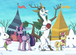 Size: 2199x1600 | Tagged: safe, artist:inuhoshi-to-darkpen, discord, noi, ruby pinch, twilight sparkle, alicorn, draconequus, pony, g4, clipboard, clothes, female, filly, foal, footprint, patreon, scarf, snow, snowman, tent, tree, twilight sparkle (alicorn)
