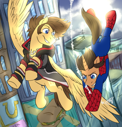Size: 2064x2145 | Tagged: safe, artist:not-ordinary-pony, pegasus, pony, unicorn, fanfic:kingdom hearts of harmony, crossover, high res, kingdom hearts, kingdom hearts of harmony, male, manehattan, marvel, peter parker, ponified, sora, spider-man, spiders and magic: rise of spider-mane, superhero