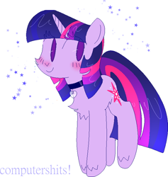 Size: 1310x1384 | Tagged: safe, artist:cutiesparke, twilight sparkle, pony, unicorn, g4, blushing, chest fluff, choker, double mane, eye clipping through hair, female, gradient, lightly watermarked, looking left, simple background, smiling, solo, stars, unicorn twilight, watermark, white background
